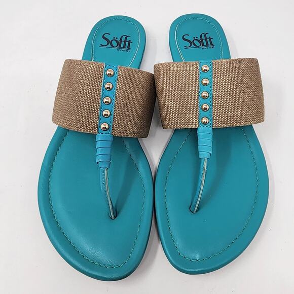 Sofft Sandals Women 7M Ameda Turquoise and Gold Thong Leather Textile Flat - Picture 2 of 9